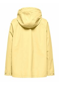 Veste de pluie jaune pâle à capuche vue de dos, avec manches longues et poignets réglables à boutons.