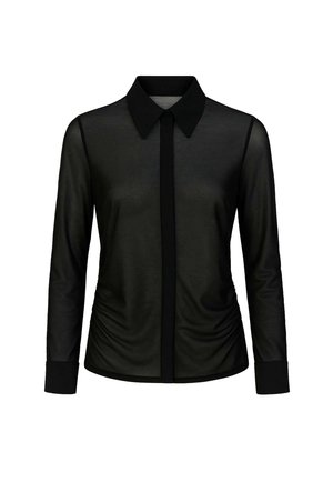 Blouse noire à manches longues avec un col structuré et un devant à boutons. Tissu transparent avec des détails froncés sur les côtés et des manches à poignets.