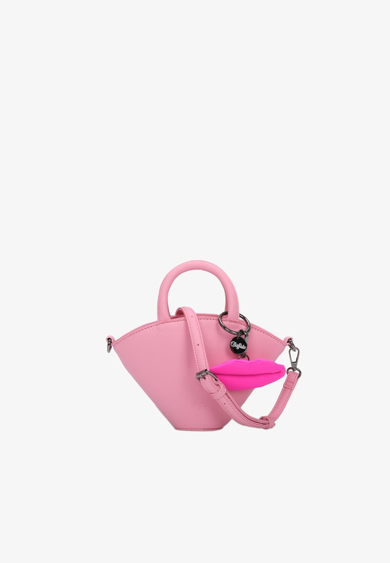 Pink faux leather handbag with a unique triangular shape, featuring short handles and a detachable strap, accented with a pink lips charm.