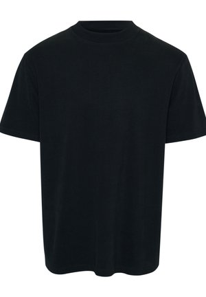 Unifarbenes schwarzes T-Shirt mit kurzen Ärmeln und Rundhalsausschnitt in entspannter Passform, präsentiert vor weißem Hintergrund.