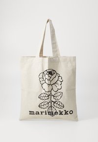 Natural canvas tote bag featuring a large black floral design and the name "marimekko" printed below. Dual sturdy handles for easy carrying.