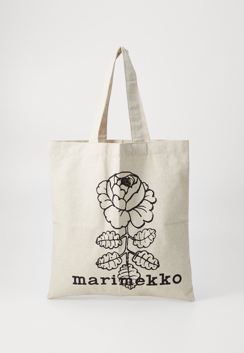 Natural canvas tote bag featuring a large black floral design and the name "marimekko" printed below. Dual sturdy handles for easy carrying.