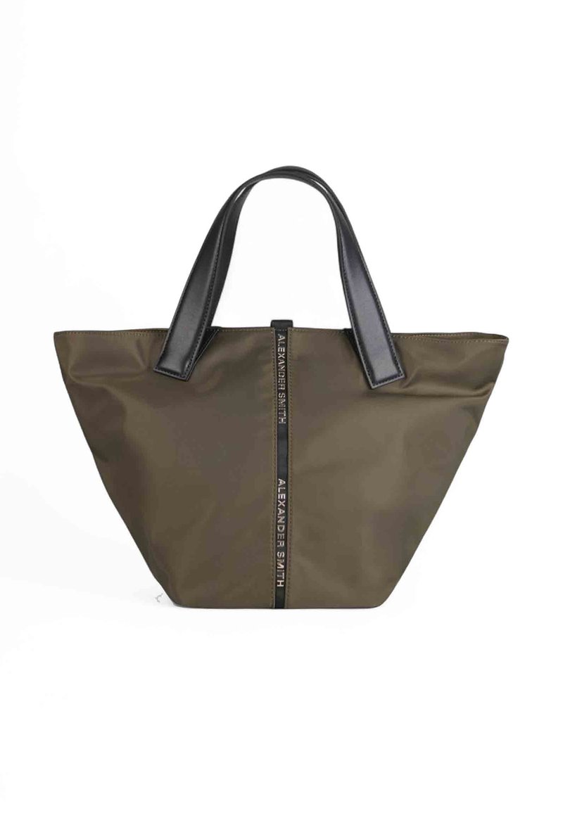 Borsa a tracolla in nylon verde oliva con manici in pelle nera. Presenta una cerniera centrale nera decorata con il testo "ALEXANDER SMITH."