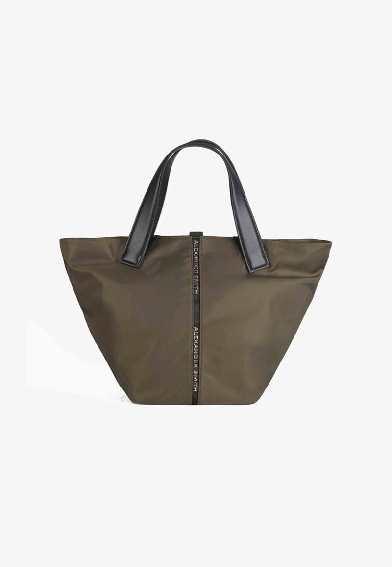 Borsa a tracolla in nylon verde oliva con manici in pelle nera. Presenta una cerniera centrale nera decorata con il testo "ALEXANDER SMITH."