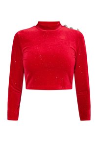 Piros bársonyból készült, hosszú ujjú crop top, magas nyakkal és díszes ezüst gombokkal a vállon. Finom csillogó mintázattal rendelkezik az egész felületen.