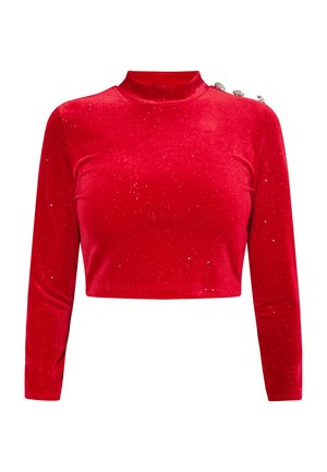Rotes Samt-Crop-Top mit langen Ärmeln, hohem Kragen und dekorativen silbernen Knöpfen an der Schulter. Verfügt über ein dezentes, glitzerndes Muster.