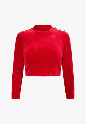 Sarkans samta garajai piedurknei cropped tops ar augstu apkakli un dekoratīvām sudraba pogām uz pleca. Iespēlēta smalka mirdzoša raksta visā apģērbā.