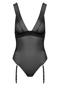 Body noir à rayures avec décolleté en V profond et larges bretelles. Présente un tissu transparent, une ceinture contrastante solide et des bretelles latérales ajustables.
