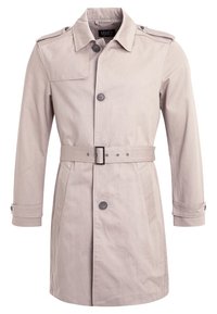 Trench-coat beige clair avec fermeture à boutons, ceinture à la taille, épaulettes et manches longues avec poignets boutonnés.