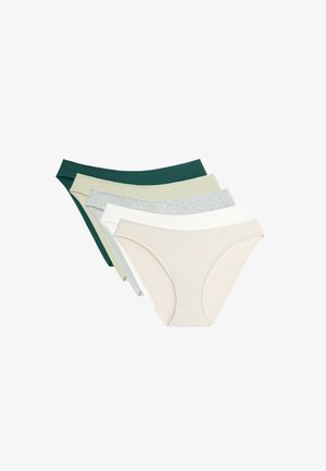 Fünf gerippte Bikini-Unterwäsche in Grün, Helloliv, Grau, Weiß und Beige, gestapelt und überlappend.