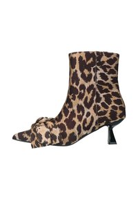 Leopardenmuster-Ankle Boots aus braunem und beigem Stoff, mit spitzem Zehenbereich, Schleifen-Detail und kurzem Blockabsatz.
