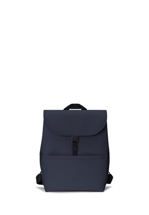 Navy blue backpack with flap and black buckle closure, front pocket, and a top handle against a white background.