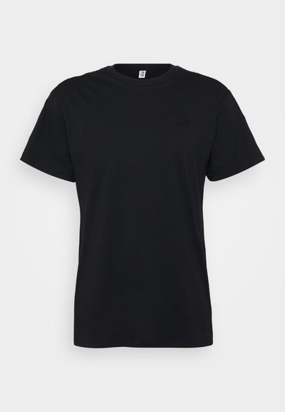 Black cotton t-shirt with a round neck, short sleeves, and a subtle embossed logo on the chest. Smooth texture, standard fit.