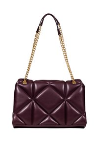 Borsa a mano in pelle bordeaux con motivo a rombi trapuntato, dotata di una tracolla in catena dorata e una texture liscia, forma rettangolare.