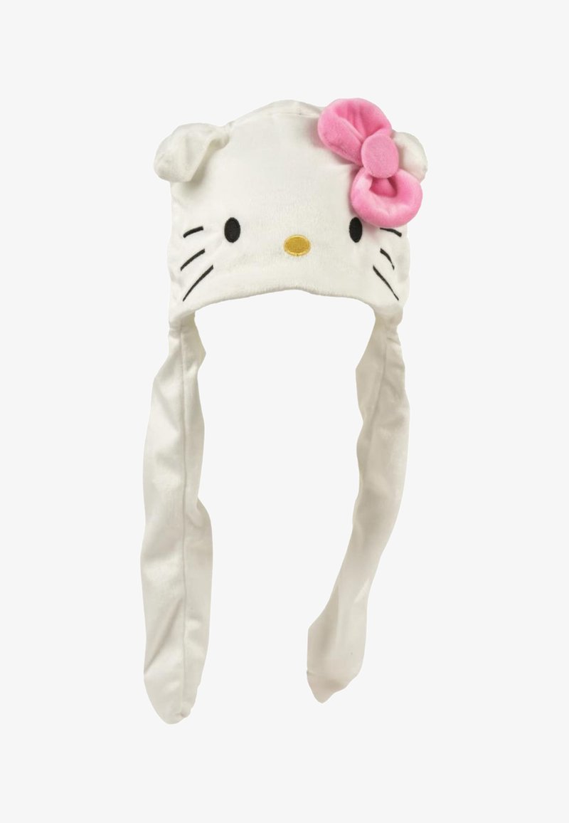 Cappello in pile bianco con design di gatto, dotato di un fiore rosa e orecchie, lunghe linguette per la copertura e cuciture nere per i dettagli del viso.