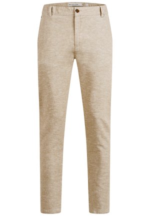 Beigen väriset slim fit -housut, joissa vyölenkit, edessä nappikiinnitys ja hienovarainen tekstuuri kangas.