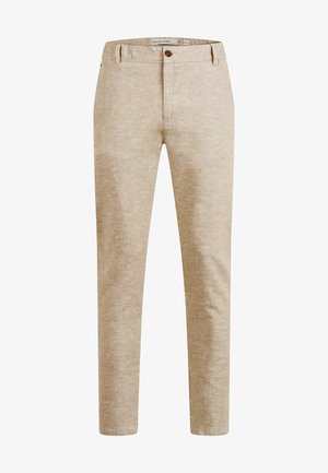 Beige slim-fit bukser med bæltestropper, frontknaplukning og subtilt struktureret stof.
