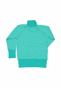 Turfärgad turtleneck sweatshirt med vita horisontella ränder, med långa ärmar och ribbad textur. Avslappnad design och lös passform.