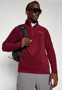Burgunderrød fleece-pullover med halv-zip krave og brodert logo. Kombinert med grå bukser og en svart ryggsekk med teksturert overflate.