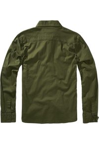 Camisa de manga larga verde oliva oscuro, de algodón, con cuello abotonado, dobladillo recto y puños abotonados con detalles mínimos.