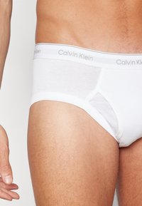 Slips in cotone bianco con un elastico grigio in vita che presenta il marchio "Calvin Klein". Il tessuto ha una texture liscia con una vestibilità aderente.