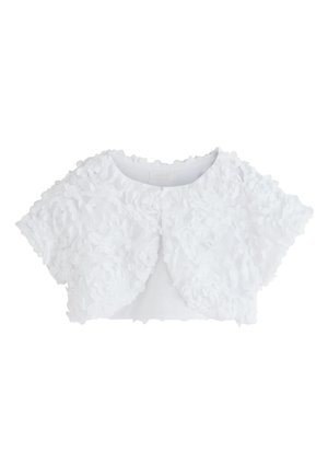 Weißes Bolero-Jäckchen mit kurzen Ärmeln und strukturiertem Blumenapplikationstoff, mit rundem Ausschnitt und offenem Vorderteil.