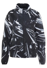 Zwart-witte jas met een glanzend, gekreukeld patroon. Ontwerp omvat een hoge kraag en twee voorzakken. Getextureerde stoffen afwerking.
