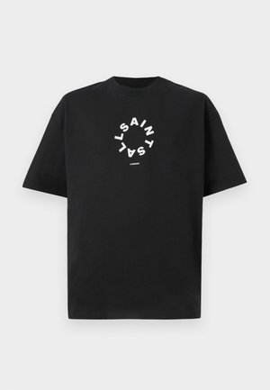 Schwarzes Baumwoll-T-Shirt mit kurzen Ärmeln. Mit weißem Text, der in einem kreisförmigen Muster angeordnet ist und "SAINT LAURENT LONDON" lautet.