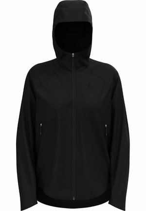 Black hooded jacket with a full zipper and two zippered side pockets. Made from lightweight fabric, featuring a smooth texture and minimal design.