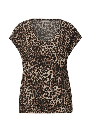 Top à manches courtes à imprimé léopard dans des tons marron et beige. Doté d'un col rond et d'une coupe légèrement décontractée. Tissu lisse et léger.