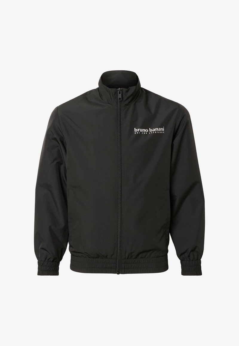 Veste noire pour homme à fermeture éclair, avec poignets et ourlet élastiques, portant la marque « bruno banani NOT FOR EVERYBODY » sur le côté gauche de la poitrine.