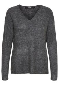 Maglione grigio lavorato a maglia con scollo a V, maniche lunghe e vestibilità comoda. Il tessuto strutturato mostra lievi variazioni di tonalità e spessore.