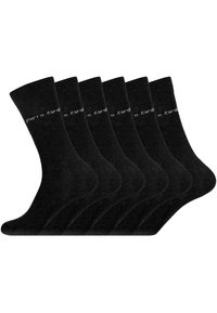Chaussettes en coton noires, de longueur mi-mollet, avec une texture lisse et un logo "pierre cardin" subtil en blanc. Paquet de six.