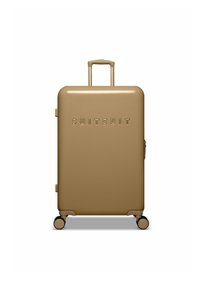 Harde koffer in metallic goud, met een uitschuifbare handgreep, 4 wielen en een reliëf "SUITSUIT" logo aan de voorkant.