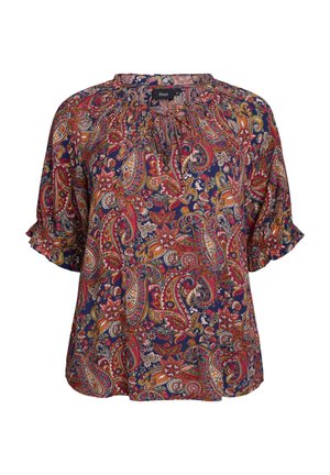 Geprinte blouse met een marineblauwe basis en kleurrijke paisley- en bloemenpatronen, korte gerimpelde mouwen en een verzamelde halslijn.
