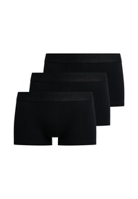 Boxer-briefs en coton noir avec une ceinture de marque, présentés en ensemble de trois. Caractérisés par un ajustement serré et une texture lisse.