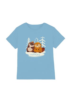 Light blue t-shirt with cartoon beaver and otter sitting together on ice, white stylized trees behind, text "Disney Pixar Hoppers" below.