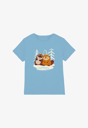 Light blue t-shirt with cartoon beaver and otter sitting together on ice, white stylized trees behind, text "Disney Pixar Hoppers" below.