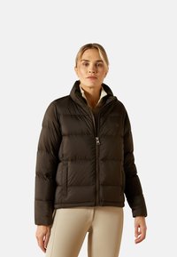 Black puffer jacket with a zip front, featuring horizontal quilted sections and a stand collar. Lightweight material with smooth texture.