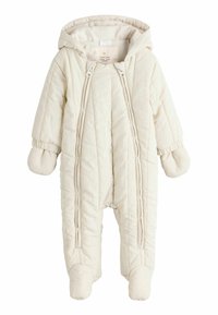 Ljust beige quiltad overall med huva, utrustad med två dragkedjor, elastiska muddarna och inbyggda stövlar för värme och komfort.