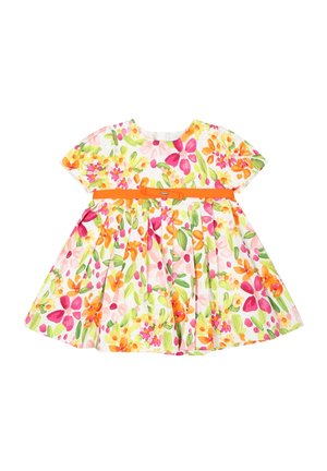 Robe bébé à manches courtes avec imprimé floral lumineux en rose, orange, vert et jaune, avec une petite ceinture orange à la taille.