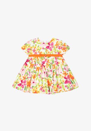 Kortærmet babydragt med lyst blomsterprint i pink, orange, grøn og gul, med et lille orange bælte i taljen.
