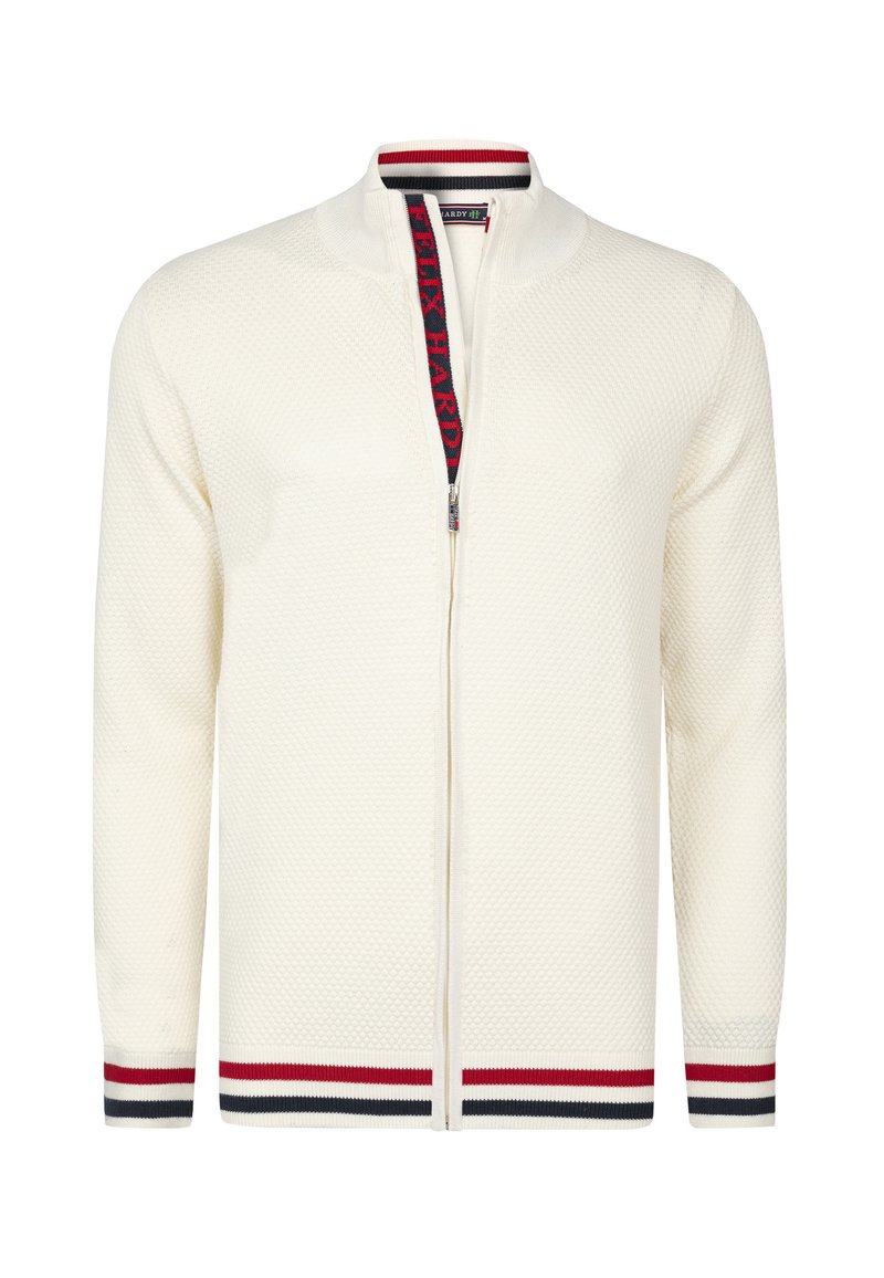 Witte, gestructureerde, ritssluiting cardigan met staande kraag, voorzien van een patroon op de ritssluiting en gestreepte mouwen in rood en marineblauw.