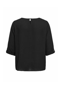 Blusa nera con scollatura a barco, maniche tre quarti con risvolti e un piccolo dettaglio a forma di chiave sul retro. Tessuto morbido.