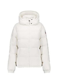 Witte donzen jas met een hoge kraag, ritssluiting aan de voorkant, drukknoopsluitingen en elastische manchetten. Opvallend doorgestikt ontwerp met horizontale banen.