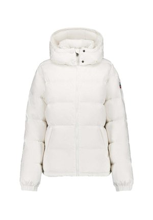 Witte donzen jas met een hoge kraag, ritssluiting aan de voorkant, drukknoopsluitingen en elastische manchetten. Opvallend doorgestikt ontwerp met horizontale banen.