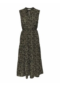 Maxiklänning i svart och beige leopardmönster. Ärmlös med V-ringning och elastisk midja. Flödande kjol och lättviktigt tyg.