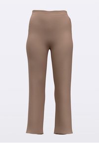 Beige, nauwsluitende broek gemaakt van een soepel, rekbaar materiaal. Voorzien van een hoge tailleband en uitlopende pijpen tot op de enkel zonder zichtbare patronen.