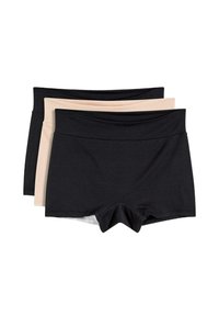 Tre paia di mutande boyshort a vita alta senza cuciture impilate, due paia neri sopra e sotto, un paio beige al centro.