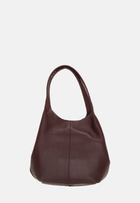 Borsa a tracolla in pelle borgogna con una texture liscia, forma arrotondata e manici curvati, caratterizzata da cuciture minime per un design pulito.